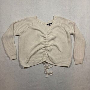 Love Tree Womens XL Cream Knit Sweater Ruched Drawstring Front Long Sleeve Boho